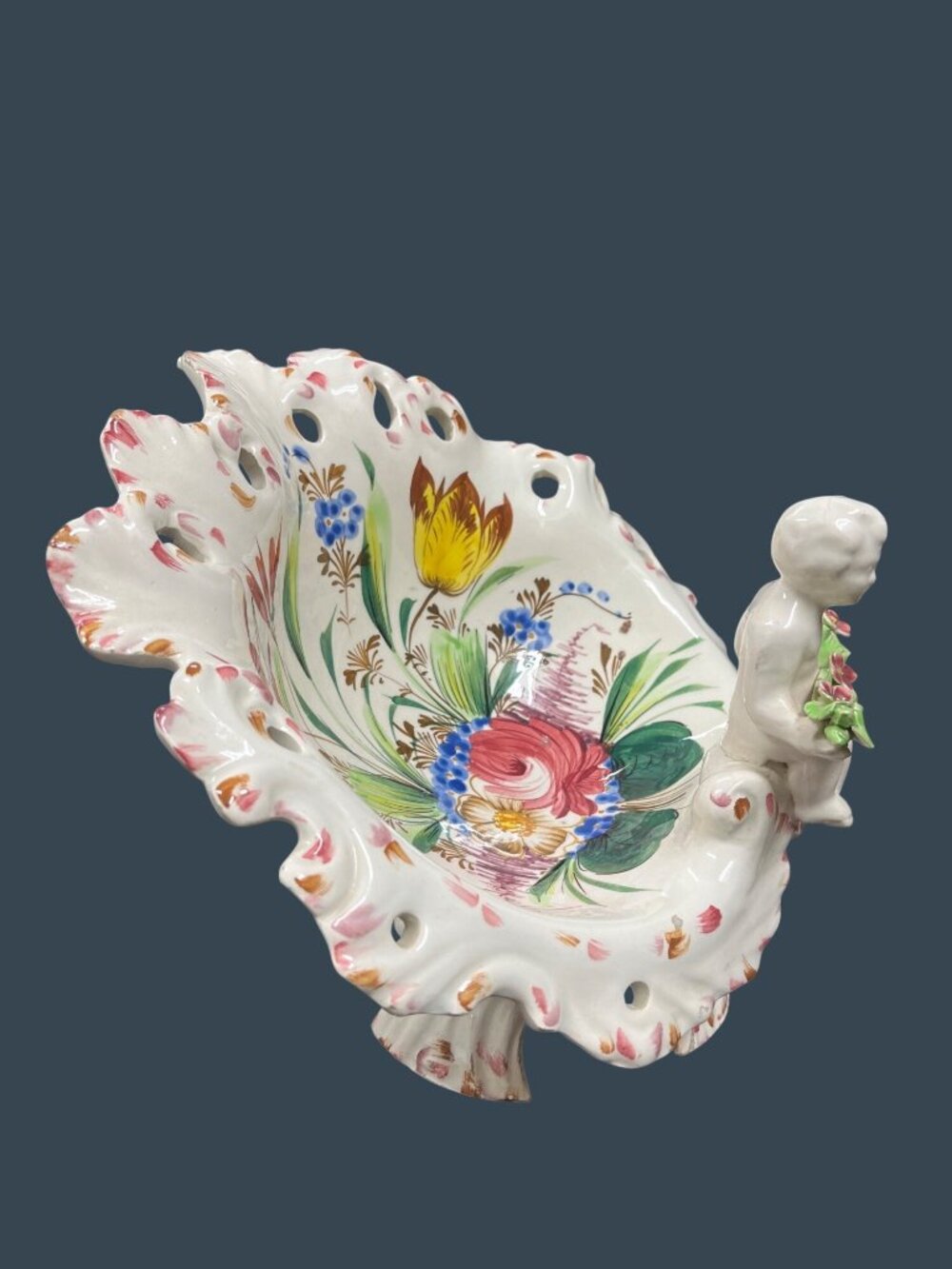 Italian VTG Majolica cherub handpainted floral footed bowl 9"x11.5" SKU 10-293